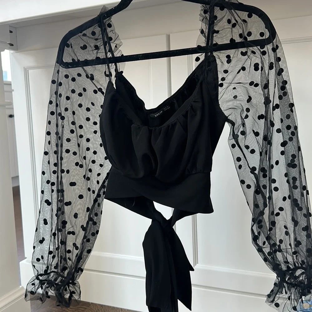 SHEIN - Dobby Mesh Sleeve Ruched Bust Tie Back Top - Picture 3 of 4